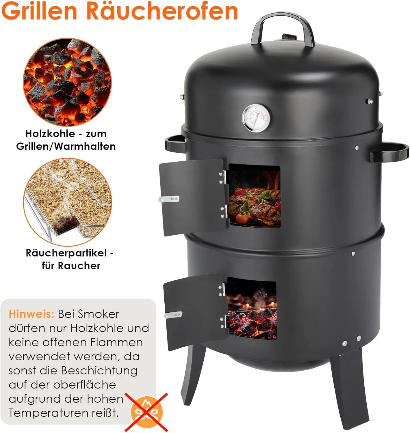 Charcoal BBQ Smoker Grill,3-in-1 Portable Vertical Grill Cooker with Built-in Thermometers & Adjustable Vent Systems for Outdoor
