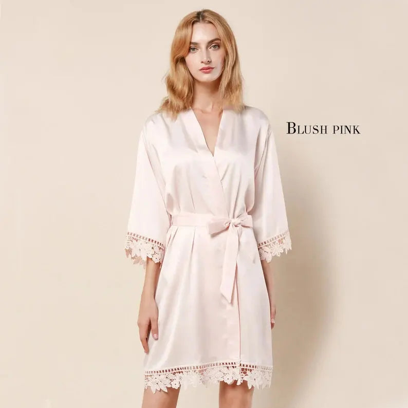 Kimono 8 Colors of Robes with Lace Cuffs and Hem Women's Nightgown Popular Pure Bathrobe Wedding Kimonos Short Soft Silky Lounge