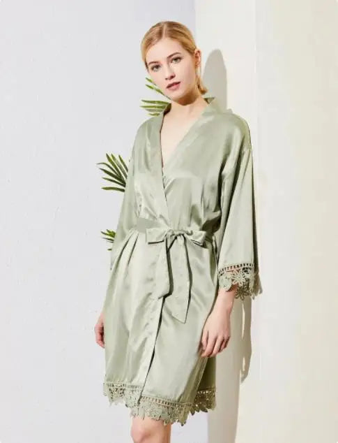 Kimono 8 Colors of Robes with Lace Cuffs and Hem Women's Nightgown Popular Pure Bathrobe Wedding Kimonos Short Soft Silky Lounge