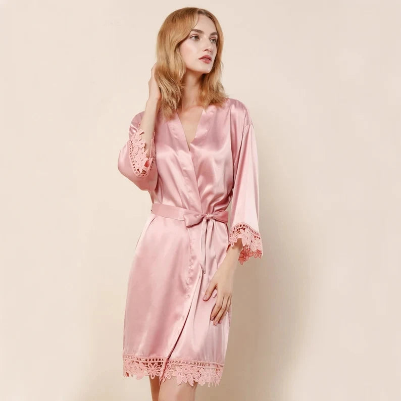 Kimono 8 Colors of Robes with Lace Cuffs and Hem Women's Nightgown Popular Pure Bathrobe Wedding Kimonos Short Soft Silky Lounge