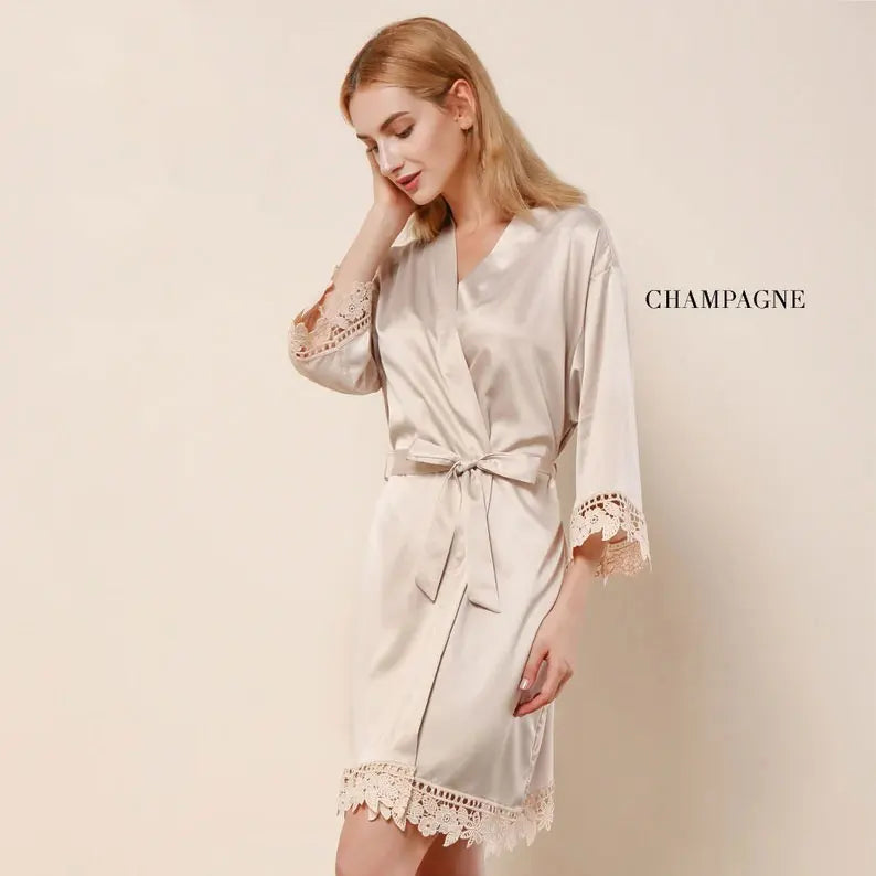 Kimono 8 Colors of Robes with Lace Cuffs and Hem Women's Nightgown Popular Pure Bathrobe Wedding Kimonos Short Soft Silky Lounge