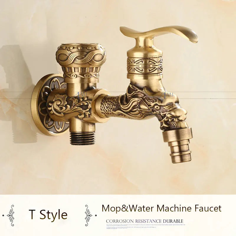 Antique Brass Dragon Carved Tap Faucet Garden Bibcock Washing Machine Faucet Outdoor Faucet Single Cold Tap 1016