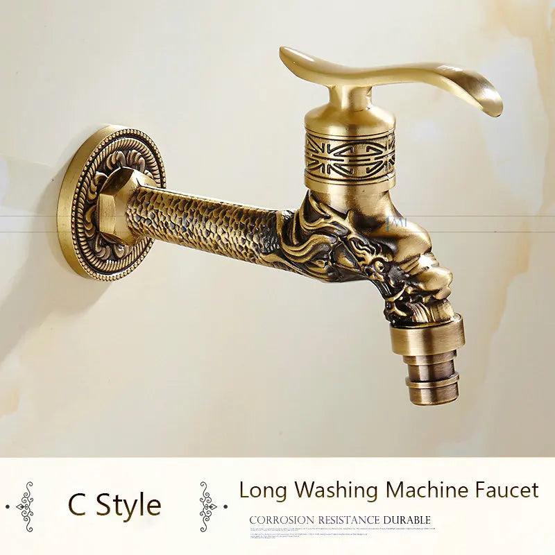 Antique Brass Dragon Carved Tap Faucet Garden Bibcock Washing Machine Faucet Outdoor Faucet Single Cold Tap 1016