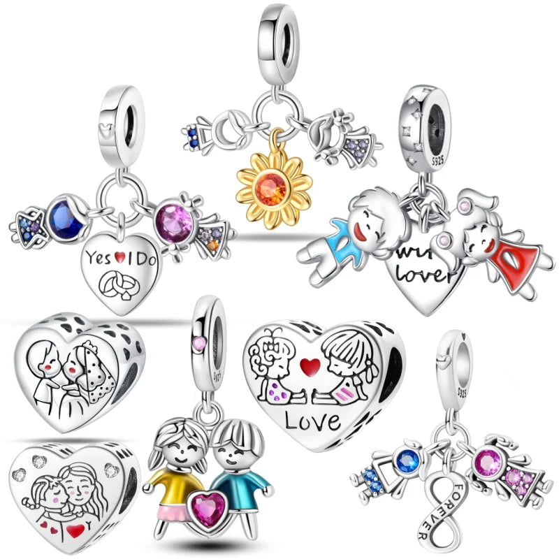 925 Sterling Silver Romantic Couple Boy Girl Valentine's Day Charms Chameleon Fit Original Bracelet Women DIY Beads Pendant