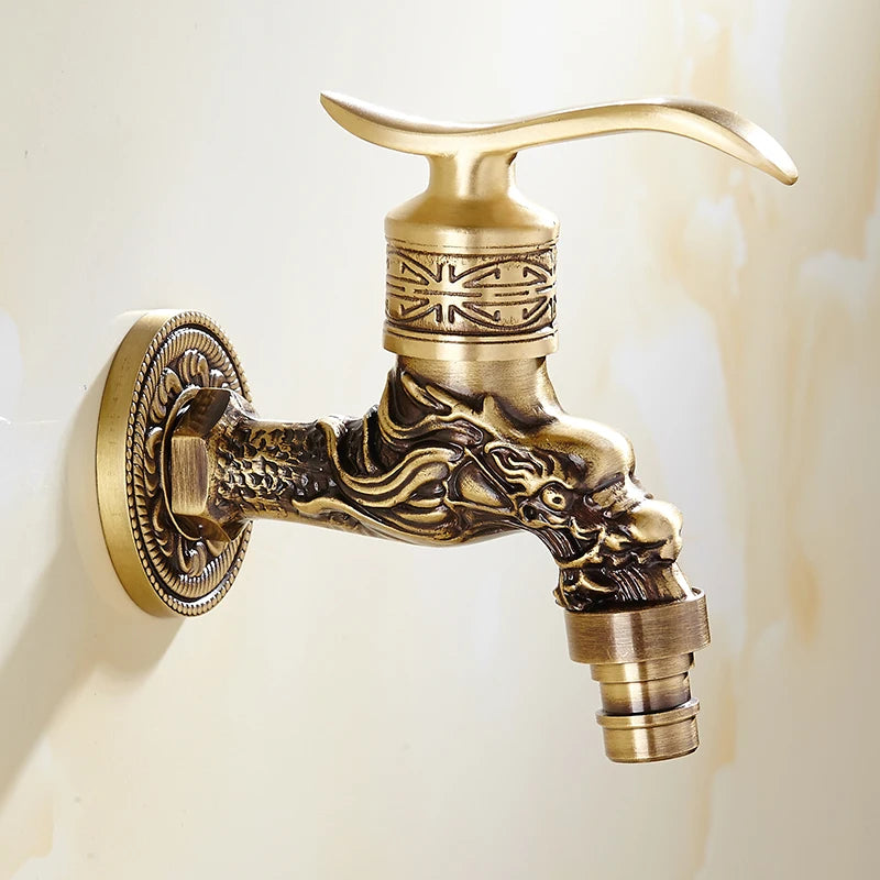 Antique Brass Dragon Carved Tap Faucet Garden Bibcock Washing Machine Faucet Outdoor Faucet Single Cold Tap 1016