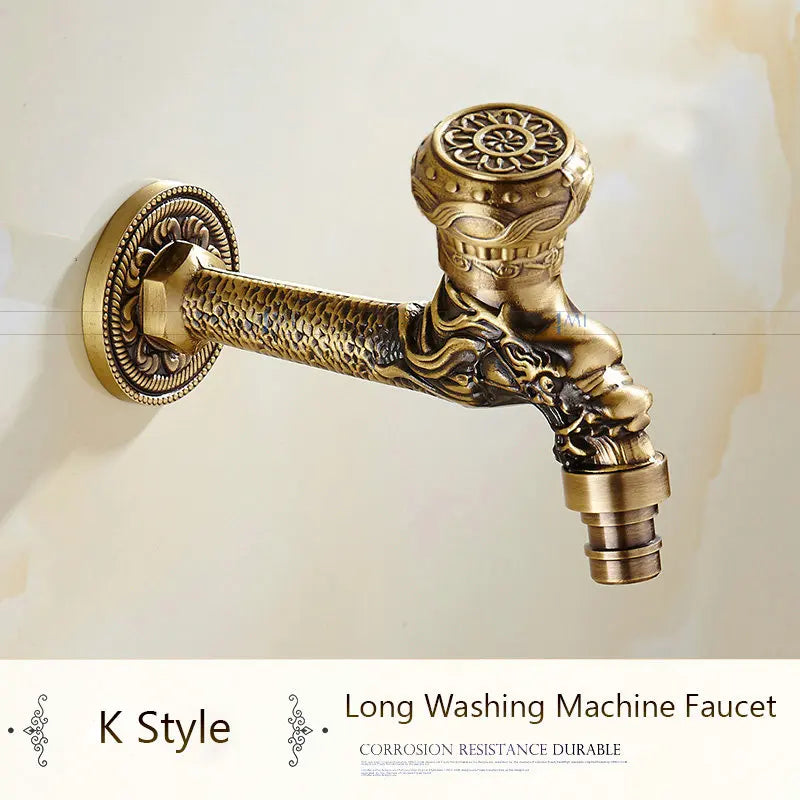 Antique Brass Dragon Carved Tap Faucet Garden Bibcock Washing Machine Faucet Outdoor Faucet Single Cold Tap 1016