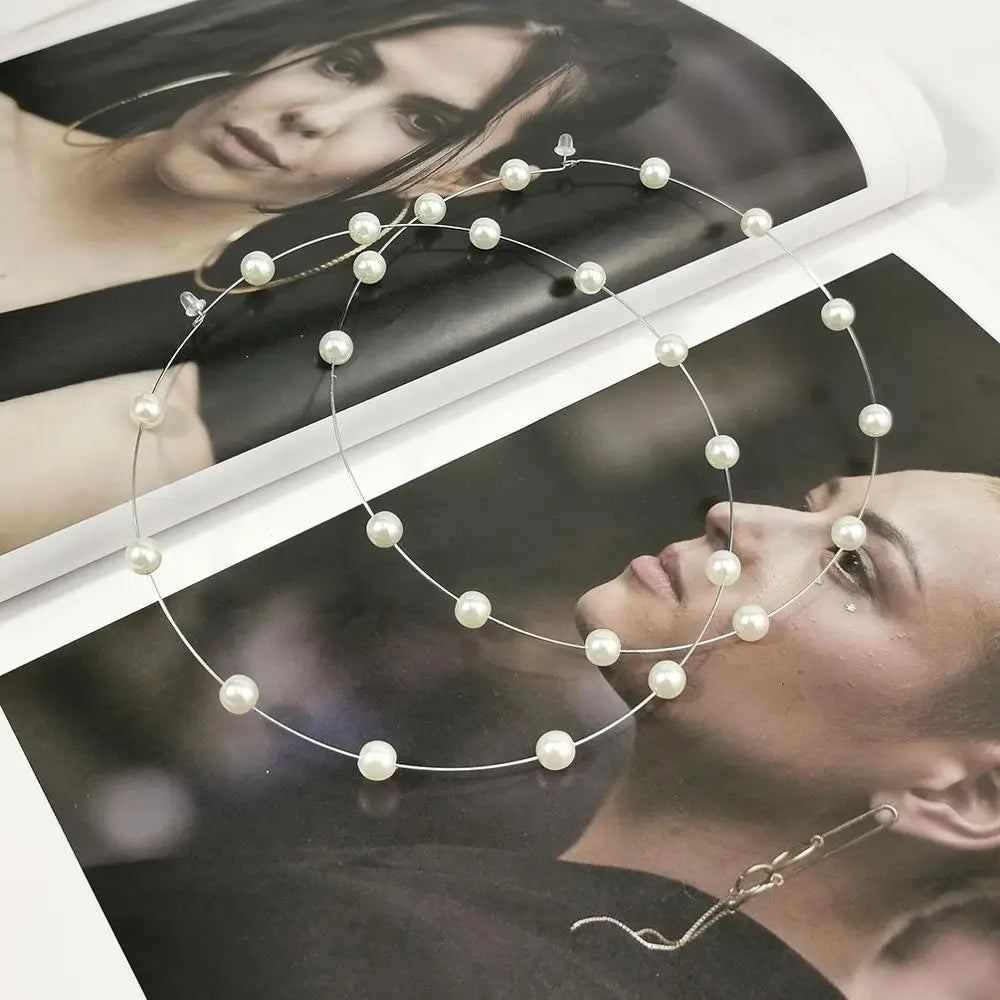 12cm Big Hoop Earrings For Women Stainless Steel Imitation Pearl Statement Earrings Brincos Large Jewelry MANILAI