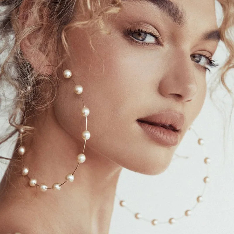 12cm Big Hoop Earrings For Women Stainless Steel Imitation Pearl Statement Earrings Brincos Large Jewelry MANILAI