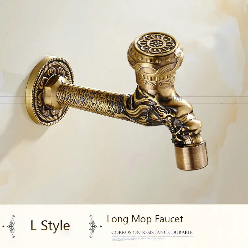 Antique Brass Dragon Carved Tap Faucet Garden Bibcock Washing Machine Faucet Outdoor Faucet Single Cold Tap 1016