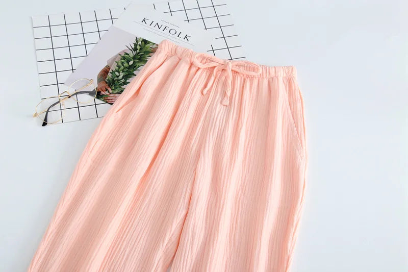 Japanese Women's Spring and Autumn Home Trousers, Cotton Washed Double-layer Tulle Loose and Comfortable Trousers Casual Pants