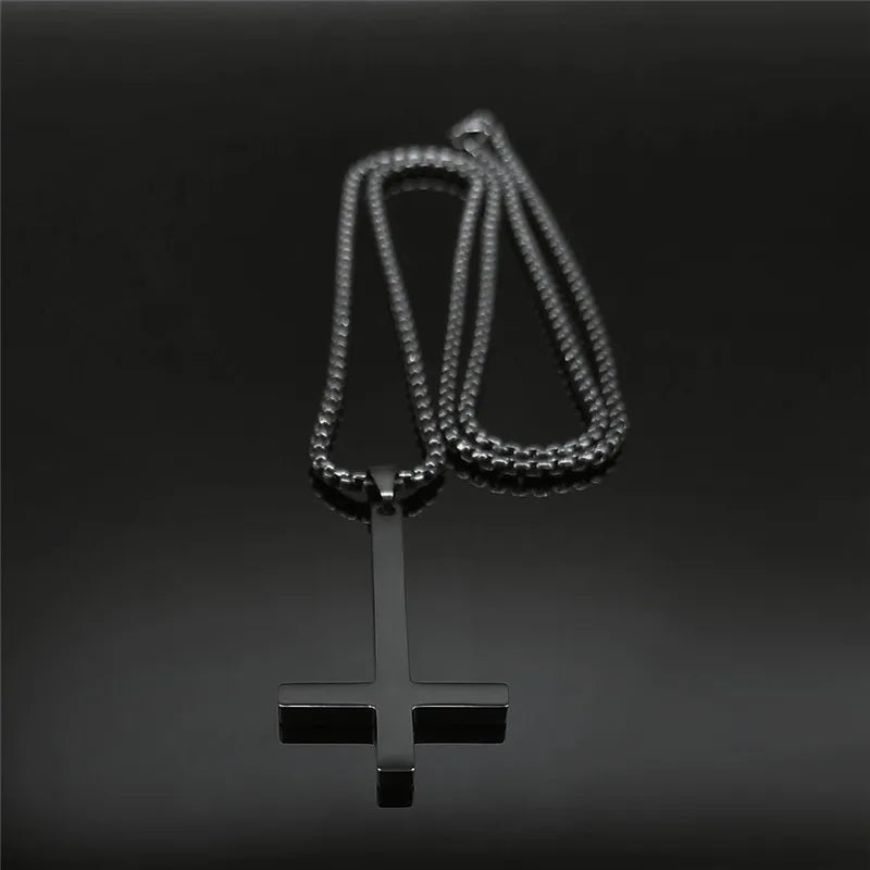 Stainless Steel Upside Down Cross Witchcraft Pagan Necklace Inverted Cross Black Chain Necklace Jewelry cruz invertida N8374S03