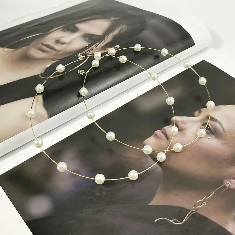 12cm Big Hoop Earrings For Women Stainless Steel Imitation Pearl Statement Earrings Brincos Large Jewelry MANILAI