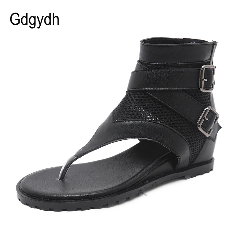 Gdgydh Summer Roman Sandals Women Zipper Design Cover Heel Lady Party Shoes Leather Open Toe Woman Sandals Flip Flops