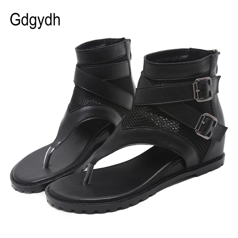 Gdgydh Summer Roman Sandals Women Zipper Design Cover Heel Lady Party Shoes Leather Open Toe Woman Sandals Flip Flops