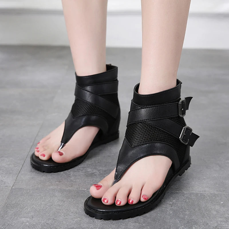 Gdgydh Summer Roman Sandals Women Zipper Design Cover Heel Lady Party Shoes Leather Open Toe Woman Sandals Flip Flops