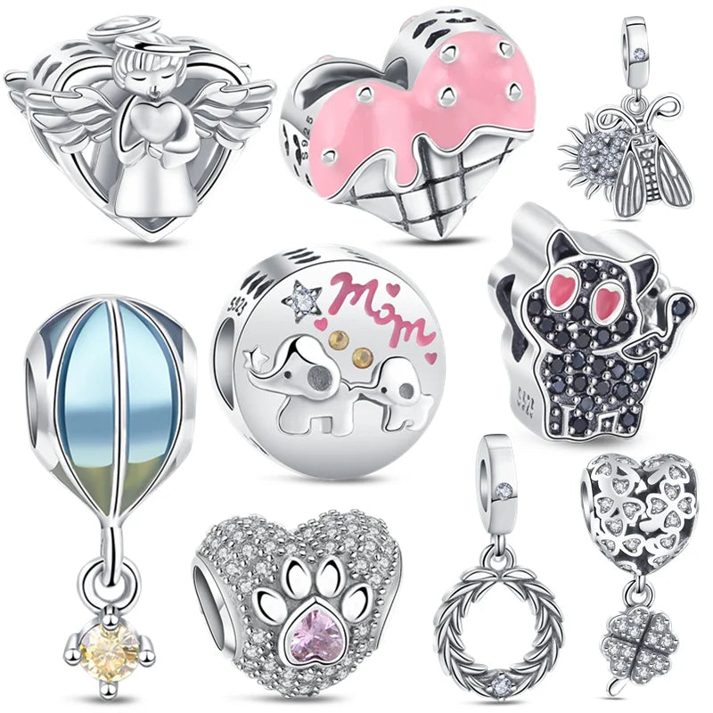 HOT Pink Heart Cat Design Bangles DIY Charms Beads Wholesales 925 Sterling Silver Bracelet Designer Charms Beads Jewelry Making