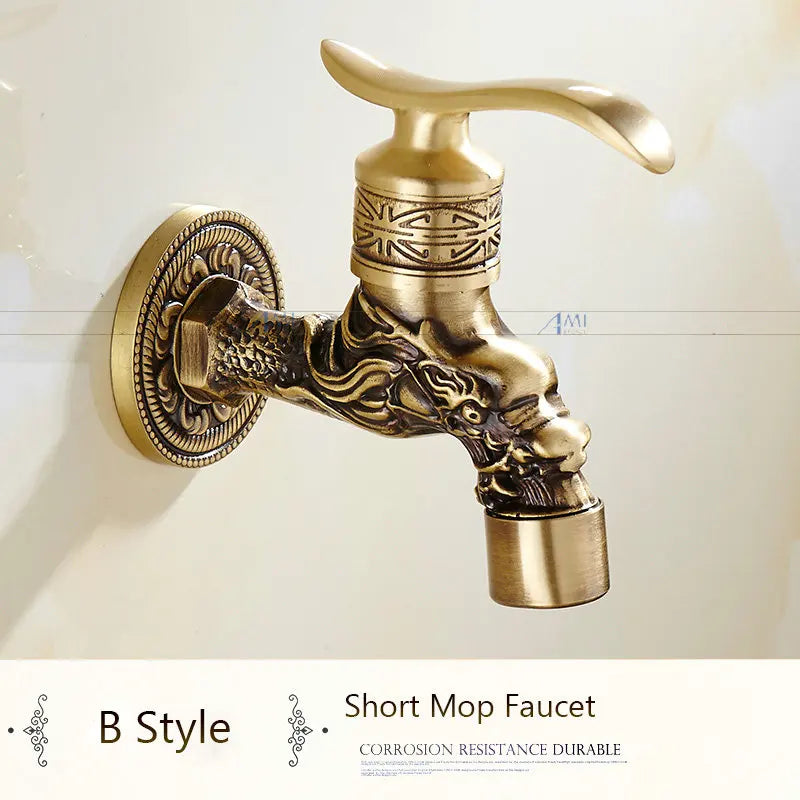 Antique Brass Dragon Carved Tap Faucet Garden Bibcock Washing Machine Faucet Outdoor Faucet Single Cold Tap 1016