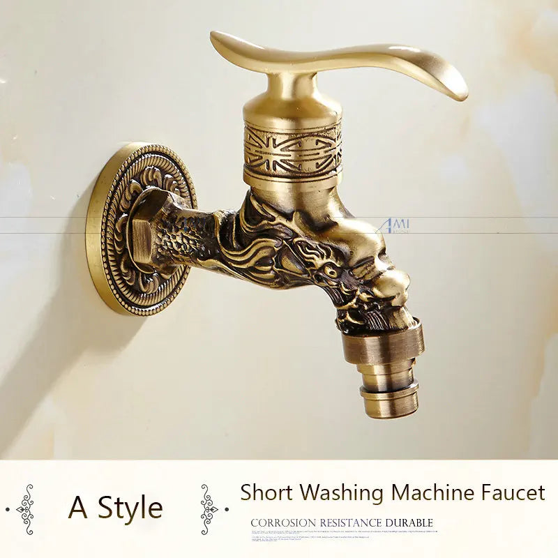 Antique Brass Dragon Carved Tap Faucet Garden Bibcock Washing Machine Faucet Outdoor Faucet Single Cold Tap 1016