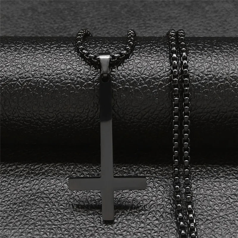 Stainless Steel Upside Down Cross Witchcraft Pagan Necklace Inverted Cross Black Chain Necklace Jewelry cruz invertida N8374S03