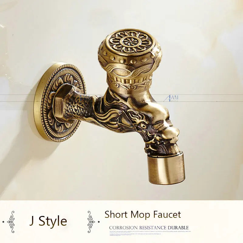 Antique Brass Dragon Carved Tap Faucet Garden Bibcock Washing Machine Faucet Outdoor Faucet Single Cold Tap 1016