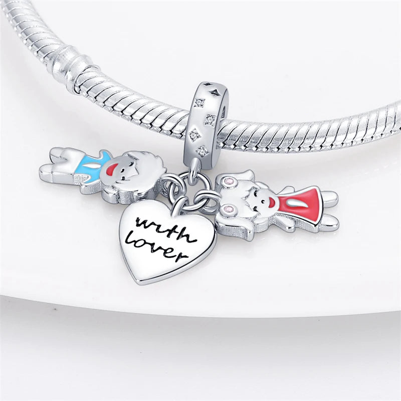 925 Sterling Silver Romantic Couple Boy Girl Valentine's Day Charms Chameleon Fit Original Bracelet Women DIY Beads Pendant