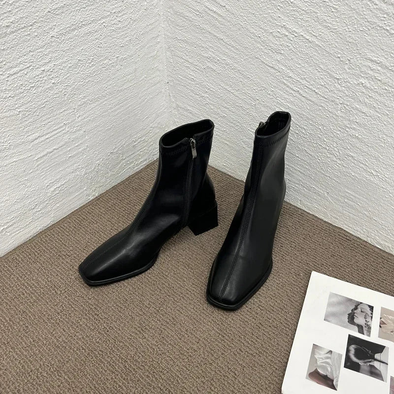2026 Autumn Winter Design Heel Ankle Boot Fashion Square Toe Zipper Ladies Casual Chelsea Boots Shoes Soft Leather Short Boot