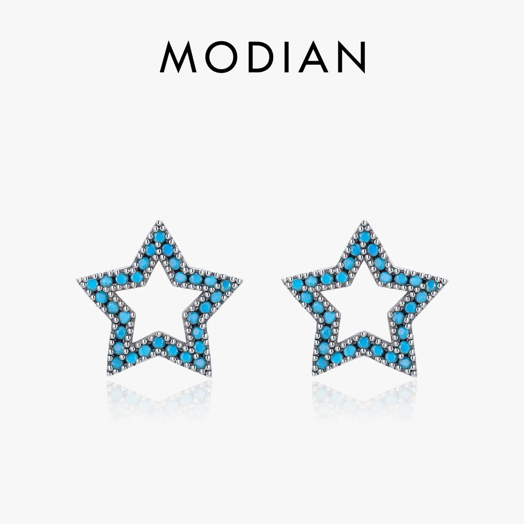 MODIAN New 925 Sterling Silver Vintage Stars Turquoise Ear Studs Fashion Hollow Out Charm Female Stud Earrings For Women Jewelry