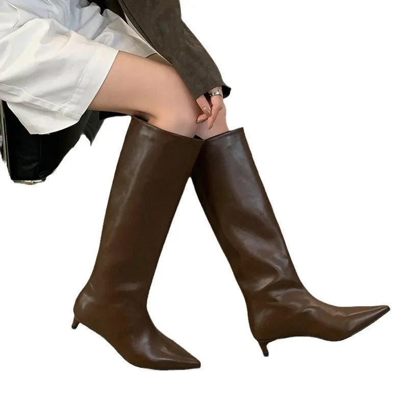 Pointed Toe Women High Boots Leather Fashion Sexy Heels Shoes Woman Trend New Snow Boots Low Heels Elegant Goth Mujer Botas