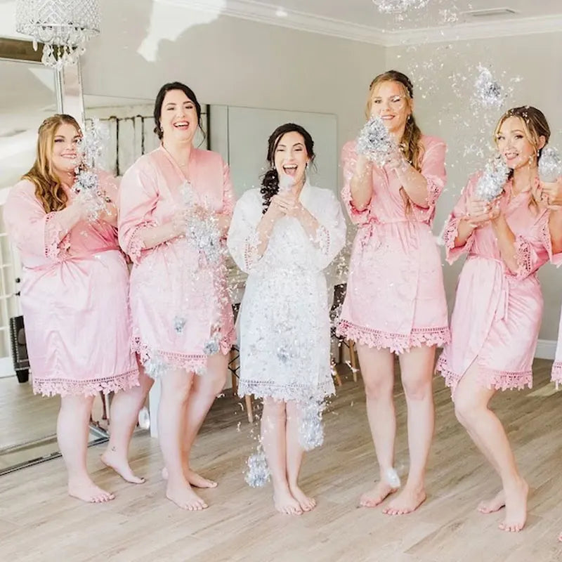 Kimono 8 Colors of Robes with Lace Cuffs and Hem Women's Nightgown Popular Pure Bathrobe Wedding Kimonos Short Soft Silky Lounge