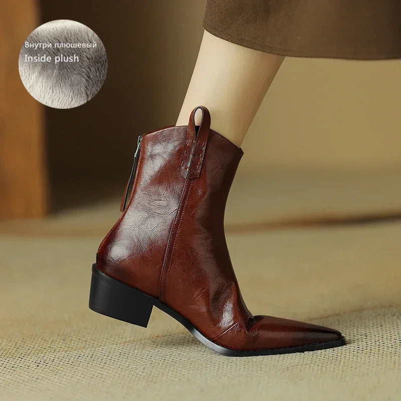 2026 Autumn/winter Women Boots Genuine Leather Western Boots Women Shoes Pointed Toe Chunky Heel Chelsea Boots Retro Ankle Boots