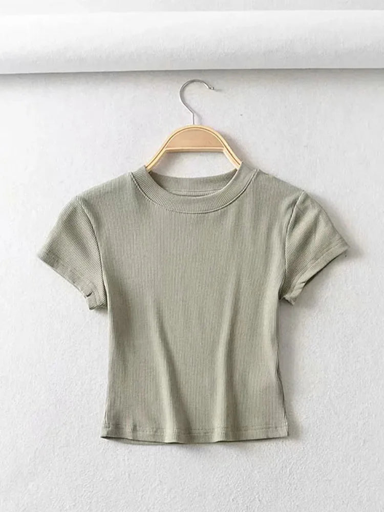 Summer Sexy Women O-neck Short-sleeve T-shirt Solid Color Basic Slim Elastic Skinny Crop Tops