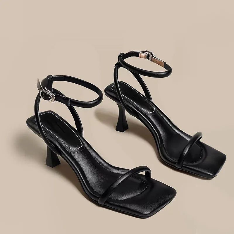 Fashion Black Ankle-Strap Buckle Sandal Summer Square Toe Ladies Stiletto High Heel Shoes Sexy Solid Thin Band Sandalias