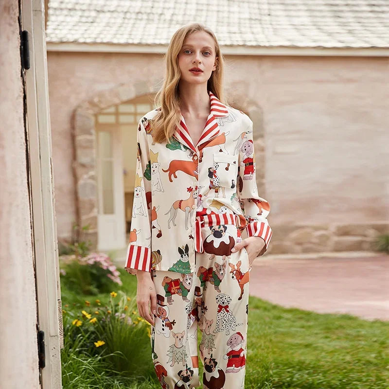 Spring and Summer 2023 New Ice Silk Pajamas Women's Long-sleeved Silk Lapel Home Suit Fashionable Ins Style