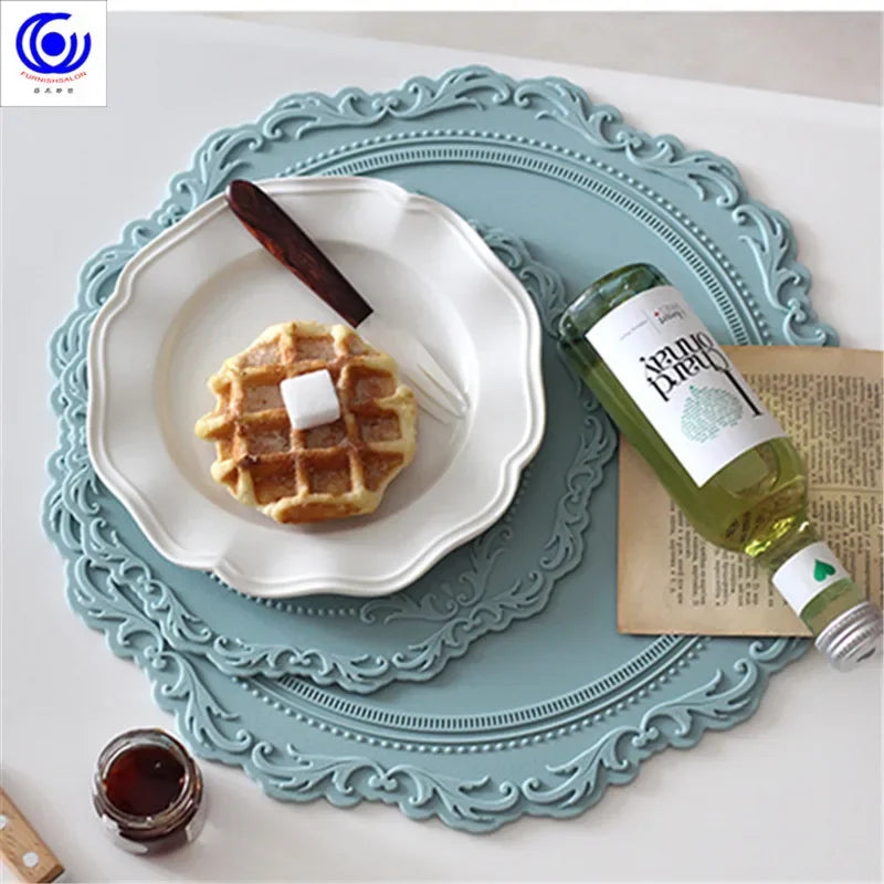 ins retro baroque relief banquet silicone lace placemat thermal insulation anti-scalding plate bowl vase mat