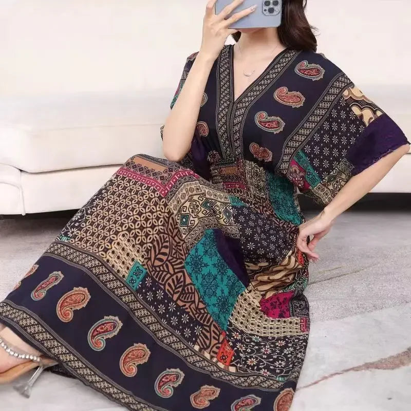 Vestidos Para Mujer Rope Robe Dress Women Casual Elegant Retro Bohemian V Neck Boho Korean Printed Summer Long Dresses Clothes