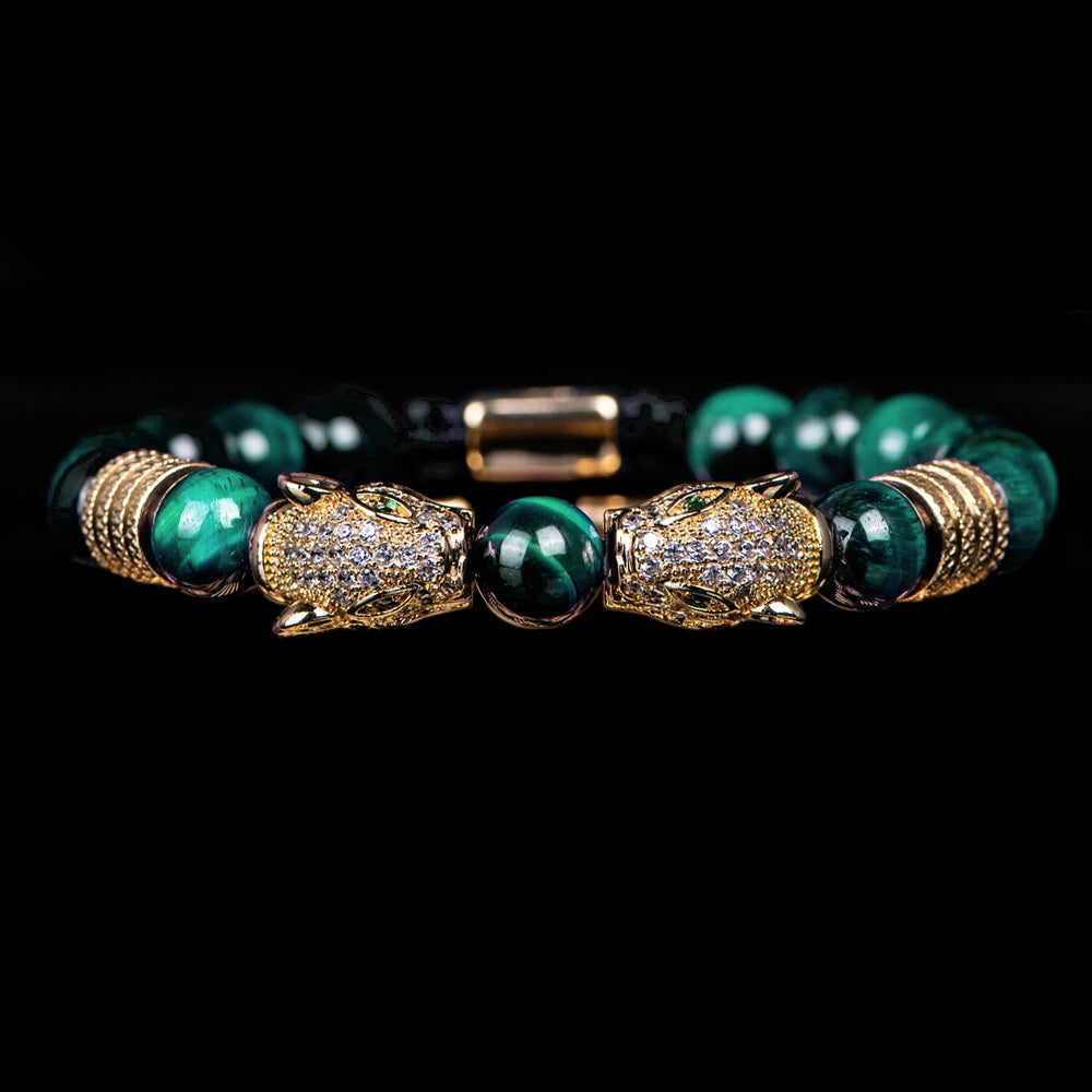 New Trend Double Leopard head Handmade tiger's-eye Bracelets  Accessories Handmade Men's Jewelry Pulseras homme