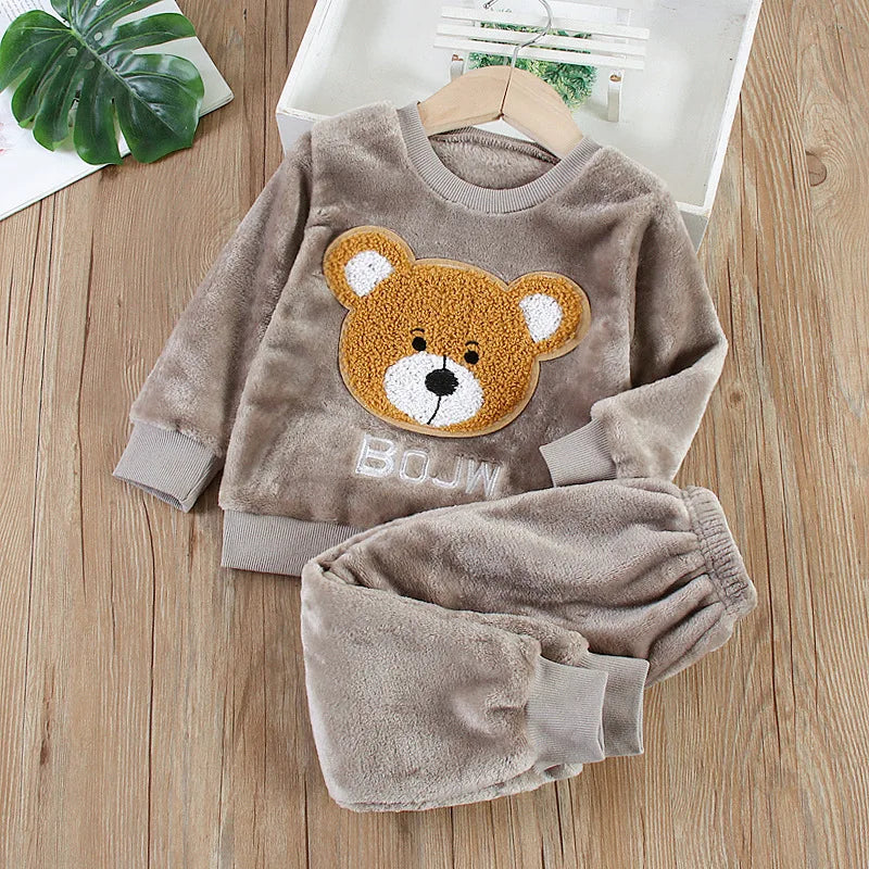 Baby Flannel Home Wear Set Infant Toddler Pajamas Boys Girls Thicken Coral Velvet Cartoon Pattern Top +Pants Two-piece Suit