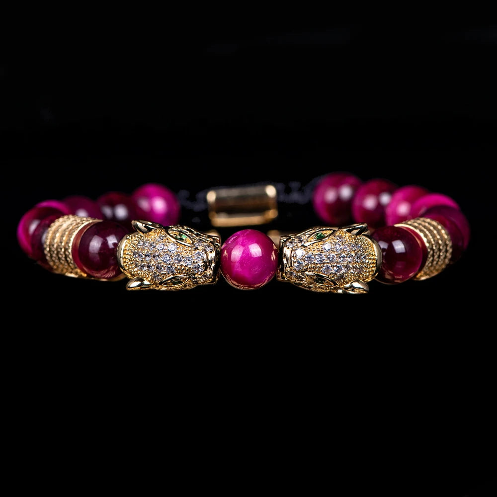 New Trend Double Leopard head Handmade tiger's-eye Bracelets  Accessories Handmade Men's Jewelry Pulseras homme