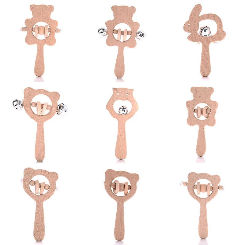1Pcs Baby Wood Teether Rabbit Owl Beech Wooden Ring Teether Nursing Pendant Baby Animals Rattles Chew Toys Accessories