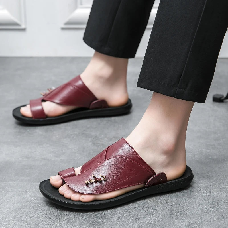 Vintage Red Men's Leather Slippers 2024 Comfortable Slip On Sandals Men Summer Leather Man Flip Flops Outdoor sandalias hombre