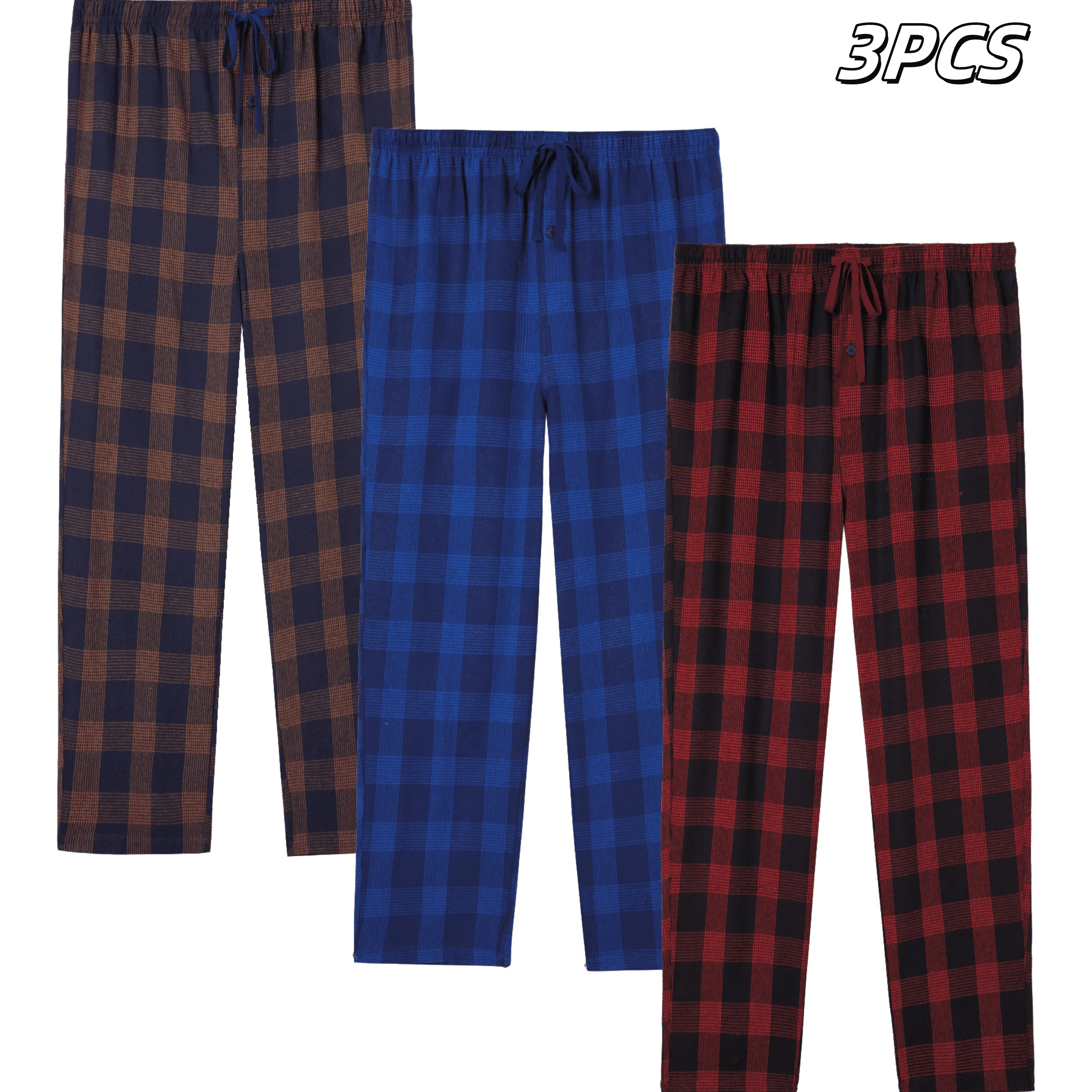 JupiterSecret 3pcs Men's Pajama Pants Autumn/Winter Flannel Cotton Plaid Sleep & Lounge PJ Bottoms with Pockets and Button Fly