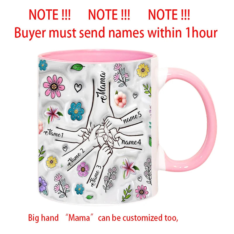 Personalized Kids Names Mug Customize 3D Effect Printing WITH Flowers Cup Holding Hands Coffee Mugs Mother's Day Gifts