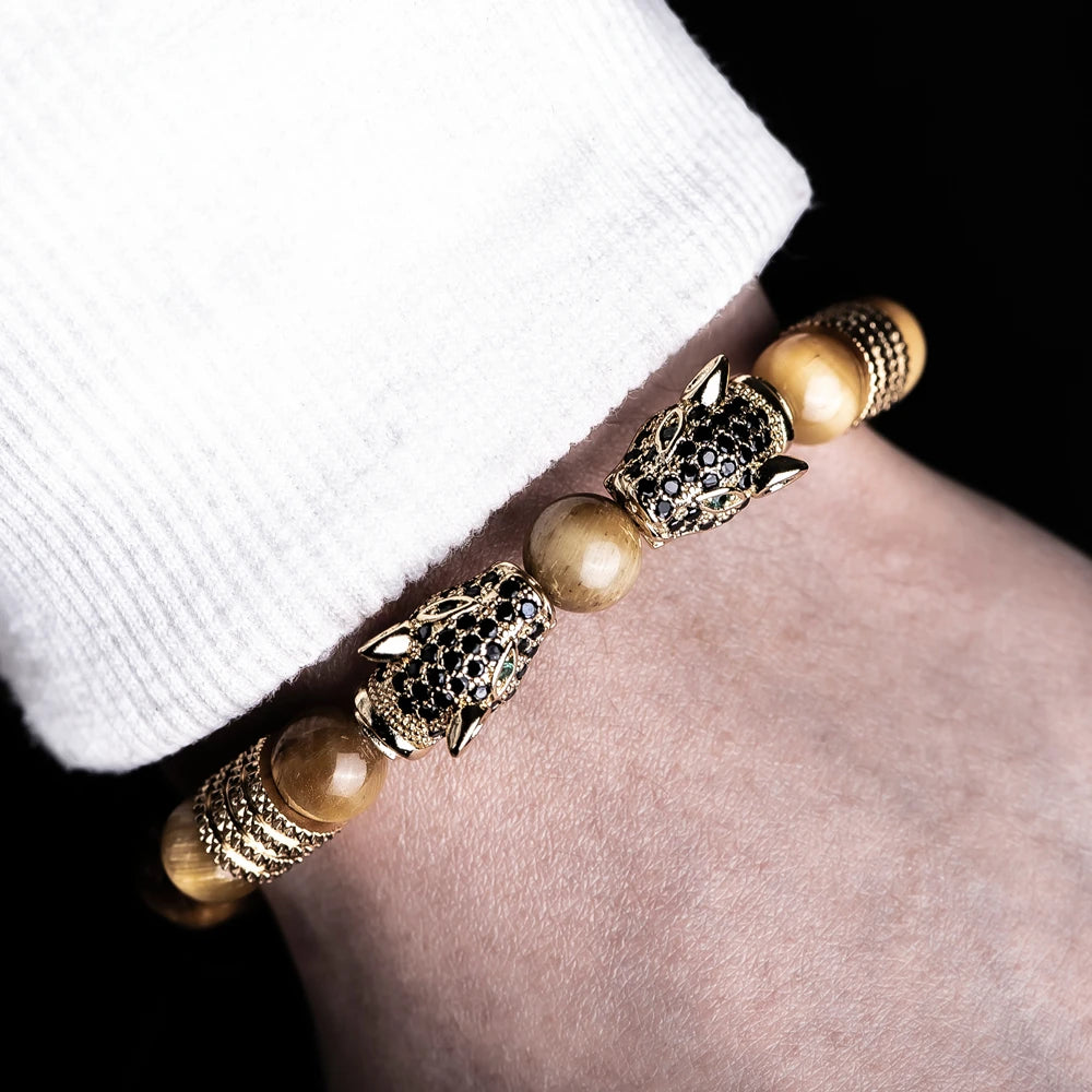 New Trend Double Leopard head Handmade tiger's-eye Bracelets  Accessories Handmade Men's Jewelry Pulseras homme