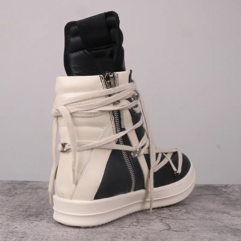 Men High Top Shoes Women Leather Casual Platform Sneakers Luxury Lace Up Zip Autumn Black White Designer Boots