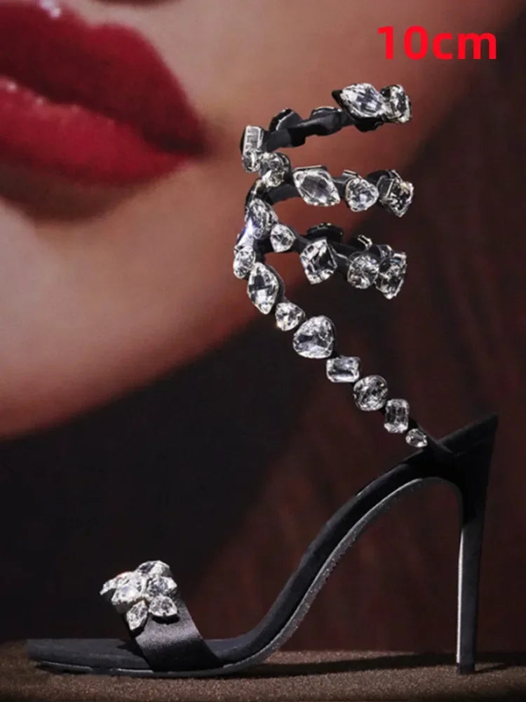 2025 Summer New Colored Diamond Women's High Heel Sandals Water Diamond Fashion Silver Sole Party Party Party High Heel Shoes