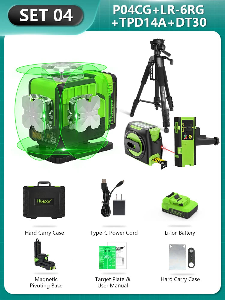 Huepar 16 Lines 4D Laser Level P04CG 360 Horizontal And Vertical Self-Leveling Bluetooth Remote Control With Li-ion Battery