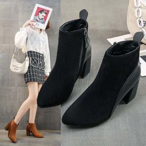 2026 Autumn/Winter Women Ankle Boots Pointed Fashion Short Boots Suede Panel Side Zipper Thick Heels Women's Shoes Large 44