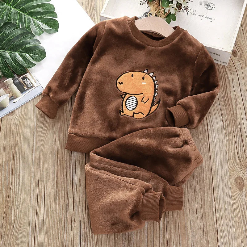 Baby Flannel Home Wear Set Infant Toddler Pajamas Boys Girls Thicken Coral Velvet Cartoon Pattern Top +Pants Two-piece Suit