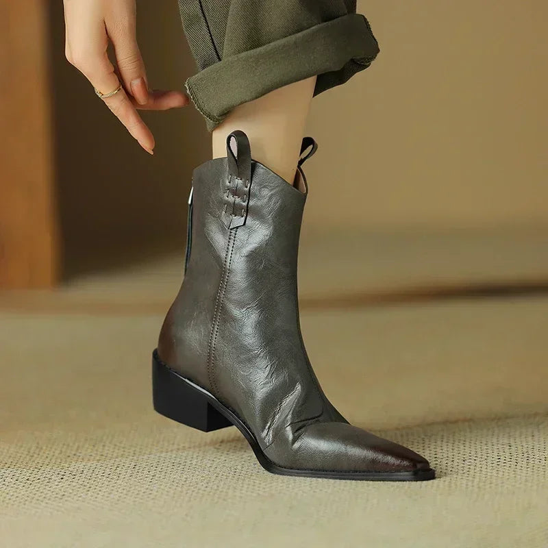2026 Autumn/winter Women Boots Genuine Leather Western Boots Women Shoes Pointed Toe Chunky Heel Chelsea Boots Retro Ankle Boots