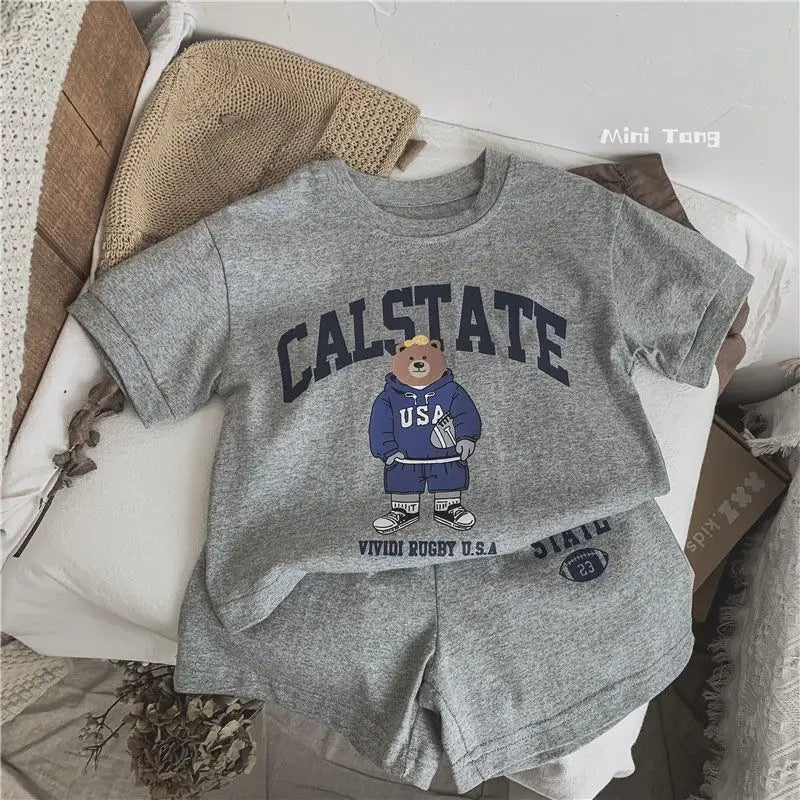 New Child Cartoon Letter Bear Tshirt+Shorts 2Piece Set Solid Color Tracksuits Summer Kids Short Sleeve Outfits Baby Thin Suit